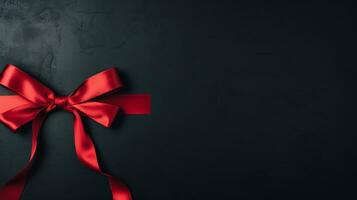 Black background with red ribbon bow wallpaper copy space. Black Friday concept. Template mockup for text, logo and product presentation. AI Generative photo