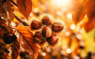 Closeup of fresh chestnuts on vibrant autumn forest. AI Generative photo