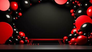 Red and black spheres over red surface and black background. Black Friday concept. Template mockup for text, logo and product presentation. AI Generative photo