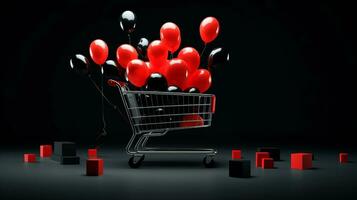 Shopping cart over black background and red and black balloons. Black Friday concept. Template mockup for text, logo and product presentation. AI Generative photo