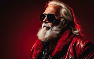 retrato de moderno Papa Noel claus con Gafas de sol y rojo cuero chaqueta terminado rojo antecedentes. ai generativo foto