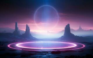 Futuristic purple glowing neon round portal in the desert. Scifi illustration style. AI Generative photo