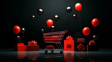 Shopping cart over black background and red and black balloons. Black Friday concept. Template mockup for text, logo and product presentation. AI Generative photo