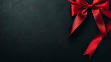 Black background with red ribbon bow wallpaper copy space. Black Friday concept. Template mockup for text, logo and product presentation. AI Generative photo