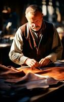 artesano hombre trabajando con cuero. de cerca foto demostración el proceso de haciendo cuero bienes. ai generativo