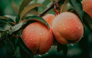 Fresh ripe peaches on tree with rain drops. AI Generative photo