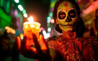 retrato de hermosa mujer con katrina cráneo maquillaje en el calle. día de el muerto. Víspera de Todos los Santos traje. ai generativo foto