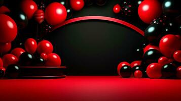 Red and black spheres over red surface and black background. Black Friday concept. Template mockup for text, logo and product presentation. AI Generative photo