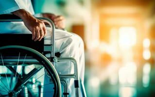 Closeup photo of man using wheelchair at hospital. Sun rays and copy space. Health care and medical care concept. Disability moving. AI Generative