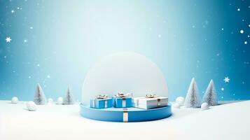 Minimal scene with balls, snow, gifts and pine trees for Christmas product presentation. 3D render for social media. Stage decorated for Christmas. AI Generative photo