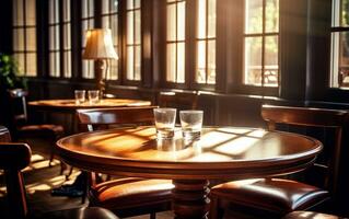 clásico de madera mesa con dos lentes en acogedor restaurante. espacio para producto. elegante y Seleccione restaurante mesa. foto