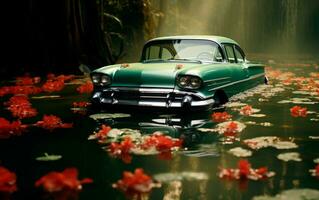 Clásico clásico coche flotante en agua Entre agua lirios foto