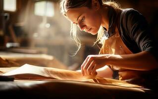 Artisan woman working with leather in workshop. Close up photo of the process of making leather goods. AI Generative