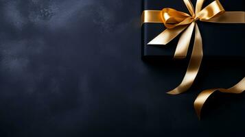 Black background with black gift boxes and golden ribbon bow. Wallpaper with copy space. Black Friday concept. Template mockup for text, logo and product presentation. AI Generative photo