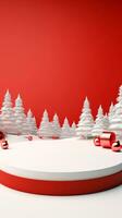 Minimal scene with balls, snow, gifts and pine trees for Christmas product presentation. Vertical 3D render for social media. Stage decorated for Christmas. AI Generative photo