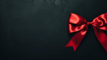 Black background with red ribbon bow wallpaper copy space. Black Friday concept. Template mockup for text, logo and product presentation. AI Generative photo