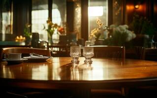 clásico de madera mesa con dos lentes en acogedor restaurante. espacio para producto. elegante y Seleccione restaurante mesa. foto