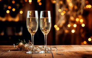 celebracion con champán. dos lentes de champán con papel picado, Brillantina, serpentina y luces. nuevo años víspera concepto. ai generativo foto