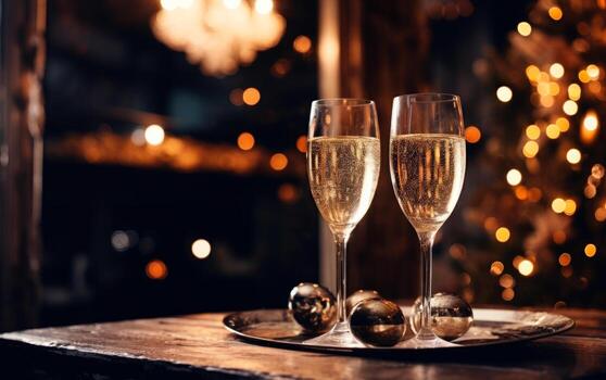 celebracion con champán. dos lentes de champán con papel picado, Brillantina, serpentina y luces. nuevo años víspera concepto. ai generativo foto