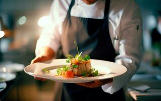 cerca arriba foto de cocinero demostración el terminado plato. ai generativo