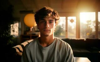 Young man wearing casual t-shirt in the livingroom with serious expression on face. Simple and natural looking at the camera. AI Generative photo