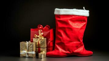 Minimalist composition banner of Santa Claus sack with Christmas gifts over black background. AI Generative photo