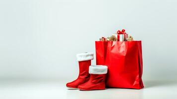 Minimalist composition banner of Santa Claus boots with Christmas gifts over white background. AI Generative photo