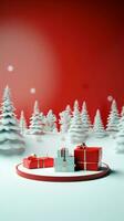 Minimal scene with balls, snow, gifts and pine trees for Christmas product presentation. Vertical 3D render for social media. Stage decorated for Christmas. AI Generative photo