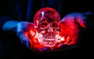 Hands holding red glowing crystal skull. Spooky skull figure. AI Generative photo