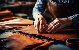 Artisan woman working with leather in workshop. Close up photo of the process of making leather goods. AI Generative