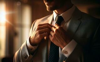 Closeup photo of businessman adjusting his necktie. AI Generative