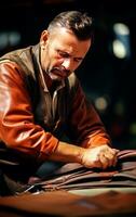 Artisan man working with leather. Closeup photo showing the process of making leather goods. AI Generative