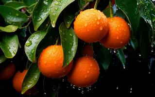 Branch of oranges with rain drops and green leaves on tree. AI Generative photo