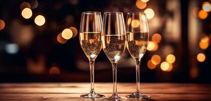 celebracion con champán. Tres lentes de champán con papel picado, Brillantina, serpentina y luces. nuevo años víspera concepto. ai generativo foto