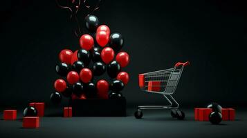 Shopping cart over black background and red and black balloons. Black Friday concept. Template mockup for text, logo and product presentation. AI Generative photo