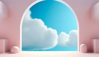 Product presentation mock up. Show cosmetic product. Abstract scene background, pink and clouds. photo