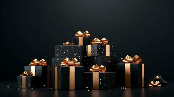 Black background with black gift boxes and golden ribbon bow. Wallpaper with copy space. Black Friday concept. Template mockup for text, logo and product presentation. AI Generative photo