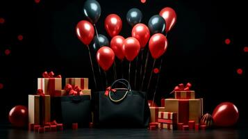 Red and black gifts boxes with balloons over black background. Black Friday concept. Template mockup for text, logo and product presentation. AI Generative photo