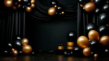 Gold and black spheres over black background. AI Generative Black Friday concept. Template mockup for text, logo and product presentation. photo