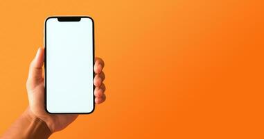 Mockup of hand holding smartphone with blank screen. Colorful orange banner with copy space. AI Generative photo