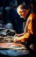 Artisan man working with leather. Closeup photo showing the process of making leather goods. AI Generative