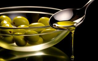 Spoon with virgin olive oil and dark background. AI Generative photo