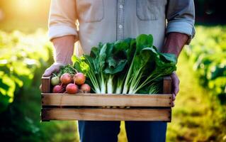 de cerca foto de hombre participación un cesta con Fresco vegetales. sano y eco vida. comer sano alimento. ai generativo