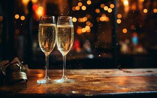 celebracion con champán. dos lentes de champán con papel picado, Brillantina, serpentina y luces. nuevo años víspera concepto. ai generativo foto