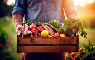 de cerca foto de hombre participación un cesta con Fresco vegetales. sano y eco vida. comer sano alimento. ai generativo