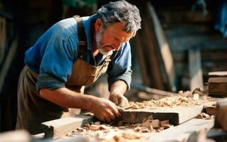 carpintero en su taller trabajando con madera. de cerca foto de el proceso. ai generativo