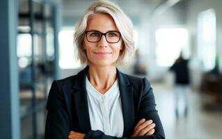 Business middle aged woman portrait with sunglasses and blurred office in background. AI Generative photo