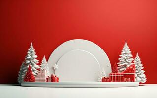 Minimal scene with balls, snow, gifts and pine trees for Christmas product presentation. 3D render for social media. Stage decorated for Christmas. AI Generative photo