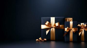 Black background with black gift boxes and golden ribbon bow. Wallpaper with copy space. Black Friday concept. Template mockup for text, logo and product presentation. AI Generative photo