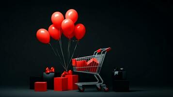 Shopping cart over black background and red and black balloons. Black Friday concept. Template mockup for text, logo and product presentation. AI Generative photo